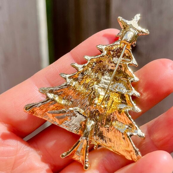 Large Christmas Tree Brooch Christmas Pin Rhinestone Christmas Tree Pin - Picture 4 of 5